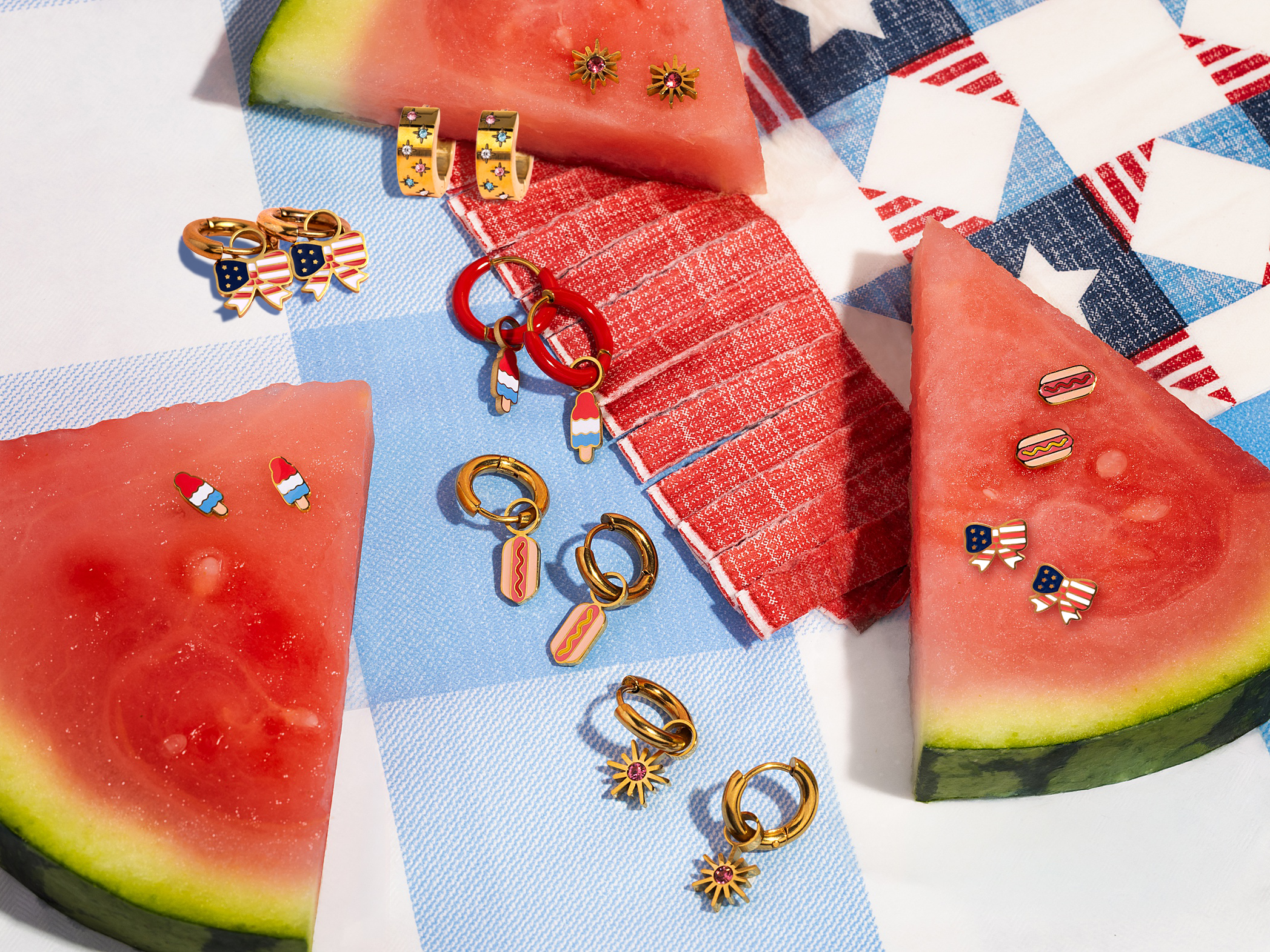 4th of july earrings. Bomb Pop, fireworks, hot dogs, american flag bows
