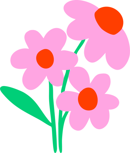 Three pink flowers with red centers and green stems on a white background