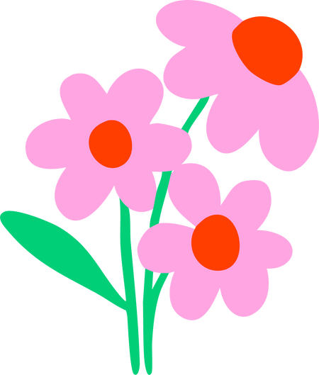 Three pink flowers with red centers and green stems on a white background