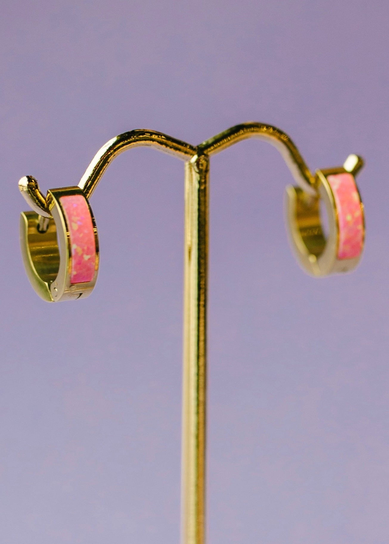 Pink opal huggies on gold stand